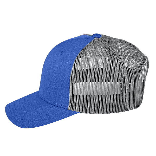 Team 365 Zone Sonic Heather Trucker Cap by Yupoong, Sport Royal Heather / Sport Graphite, Left Side view