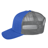 Team 365 Zone Sonic Heather Trucker Cap by Yupoong, Sport Royal Heather / Sport Graphite, Left Side view
