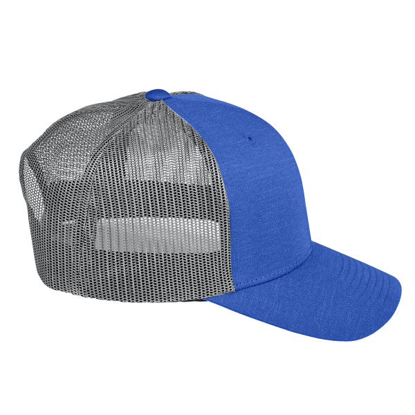 Team 365 Zone Sonic Heather Trucker Cap by Yupoong, Sport Royal Heather / Sport Graphite, Right Side view