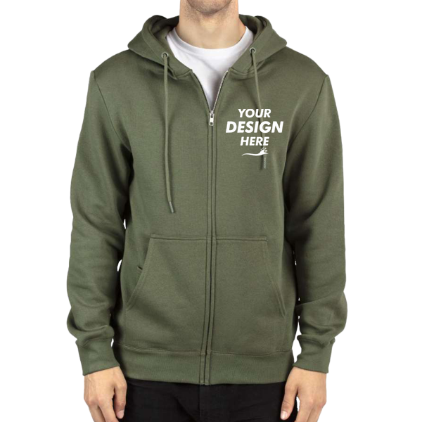 Threadfast Apparel Unisex Fleece Full-Zip Hooded Sweatshirt, Army, Front view, Mockup