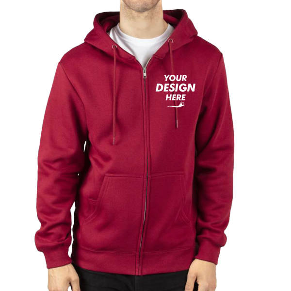 Threadfast Apparel Unisex Fleece Full-Zip Hooded Sweatshirt, Burgundy, Front view, Mockup