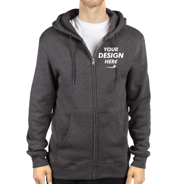 Threadfast Apparel Unisex Fleece Full-Zip Hooded Sweatshirt, Charcoal Heather, Front view, Mockup