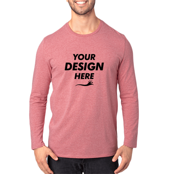 Threadfast Apparel Unisex Ultimate CVC Long Sleeve T-Shirt, Maroon Heather, Front view, Mockup