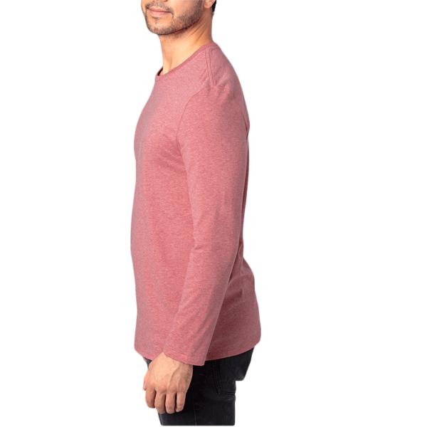Threadfast Apparel Unisex Ultimate CVC Long Sleeve T-Shirt, Maroon Heather, Left Sleeve view