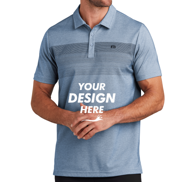Travis Mathew Coastal Chest Stripe Polo, Opal Blue Heather, Front view, Mockup