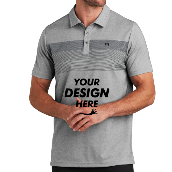 Travis Mathew Coastal Chest Stripe Polo, Quiet Shade Grey Heather, Front view, Mockup