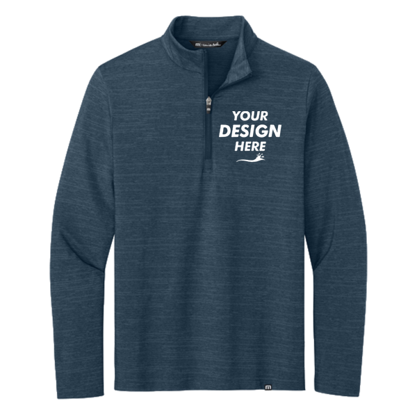 Travis Mathew Crestview 1/4 Zip, Vintage Indigo Heather, Front view, Mockup