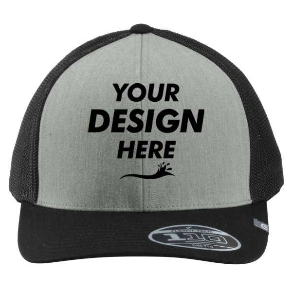 Travis Mathew Cruz Colorblock Trucker Cap, Heather Grey / Black, Front view, Mockup