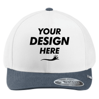 Travis Mathew Cruz Colorblock Trucker Cap, White / Vintage Indigo, Front view, Mockup