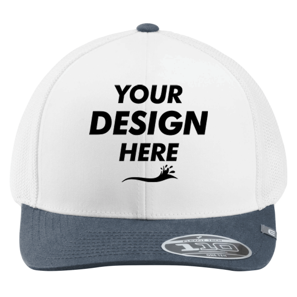 Travis Mathew Cruz Colorblock Trucker Cap, White / Vintage Indigo, Front view, Mockup