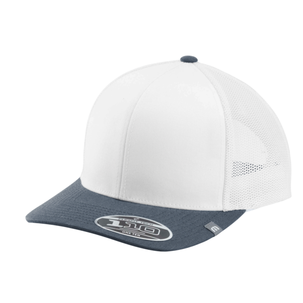 Travis Mathew Cruz Colorblock Trucker Cap, White / Vintage Indigo, Left Side view