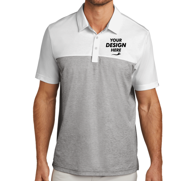 Travis Mathew Oceanside Blocked Polo, White / Quiet Shade Grey Heather, Front view, Mockup