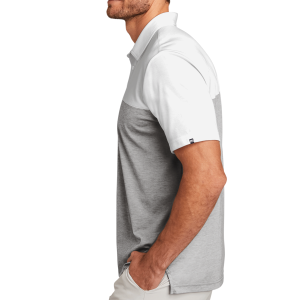 Travis Mathew Oceanside Blocked Polo, White / Quiet Shade Grey Heather, Left Sleeve view