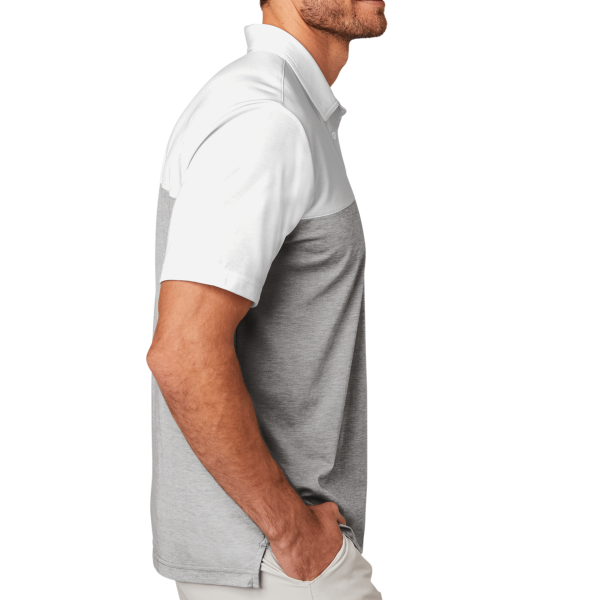 Travis Mathew Oceanside Blocked Polo, White / Quiet Shade Grey Heather, Right Sleeve view