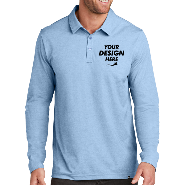 Travis Mathew Oceanside Heather Long Sleeve Polo, Allure Heather, Front view, Mockup