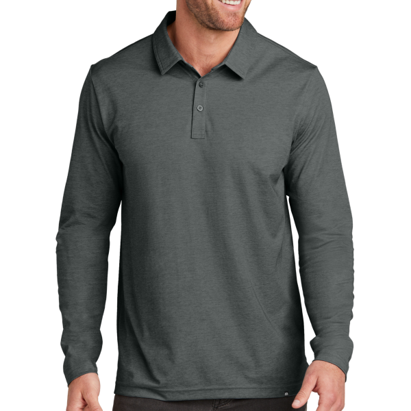 Travis Mathew Oceanside Heather Long Sleeve Polo, Black Heather, Front view