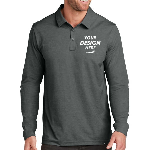 Travis Mathew Oceanside Heather Long Sleeve Polo, Black Heather, Front view, Mockup