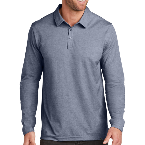 Travis Mathew Oceanside Heather Long Sleeve Polo, Blue Nights Heather, Front view