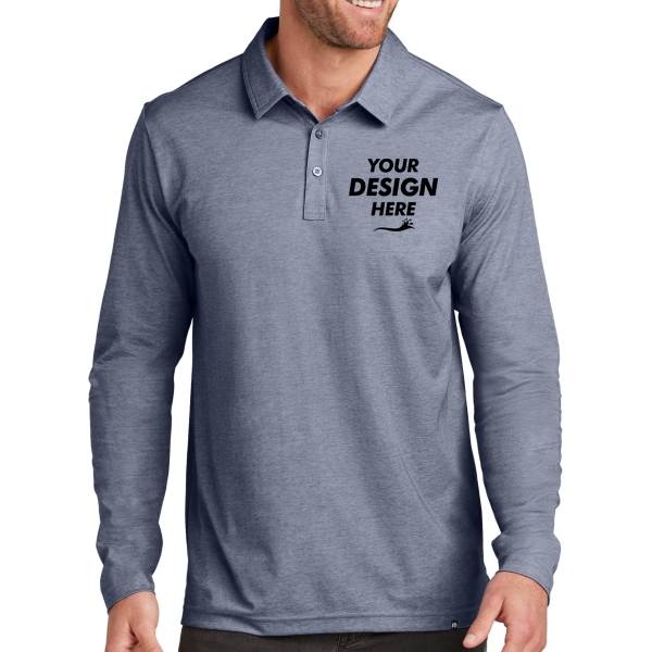 Travis Mathew Oceanside Heather Long Sleeve Polo, Blue Nights Heather, Front view, Mockup
