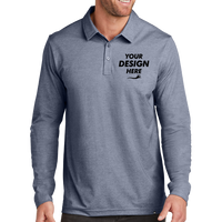Travis Mathew Oceanside Heather Long Sleeve Polo, Blue Nights Heather, Front view, Mockup