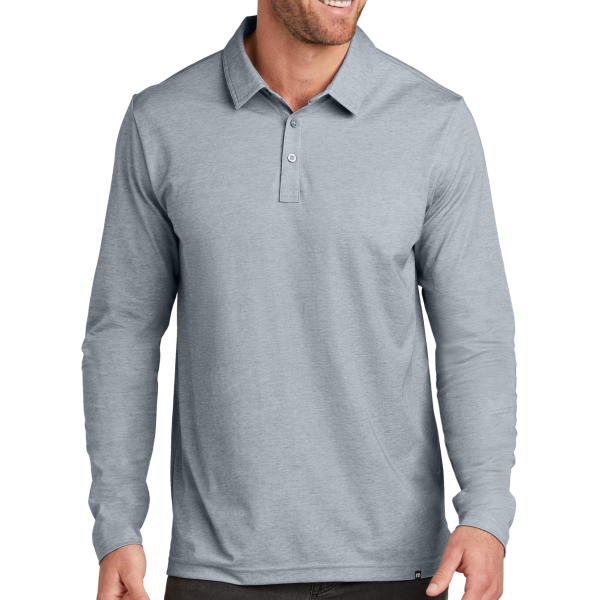 Travis Mathew Oceanside Heather Long Sleeve Polo, Quiet Shade Grey Heather, Front view