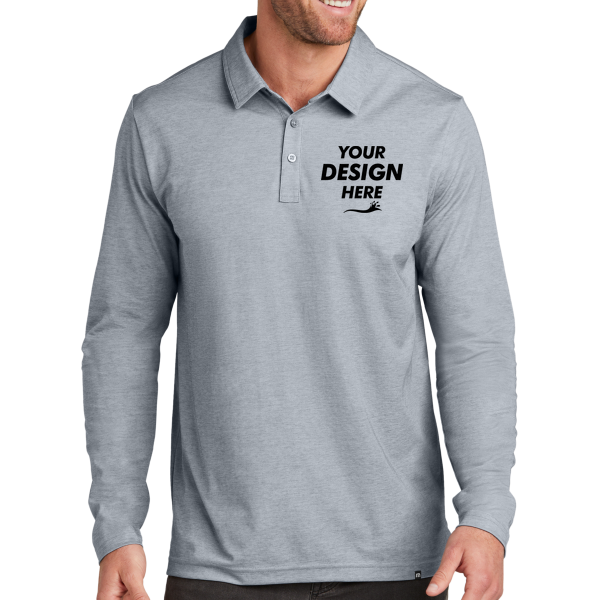 Travis Mathew Oceanside Heather Long Sleeve Polo, Quiet Shade Grey Heather, Front view, Mockup