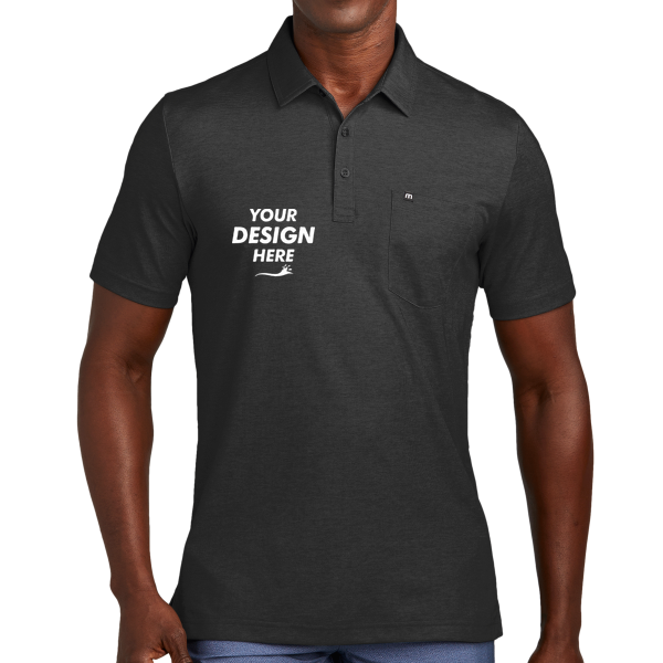 Travis Mathew Oceanside Heather Pocket Polo, Black Heather, Front view, Mockup
