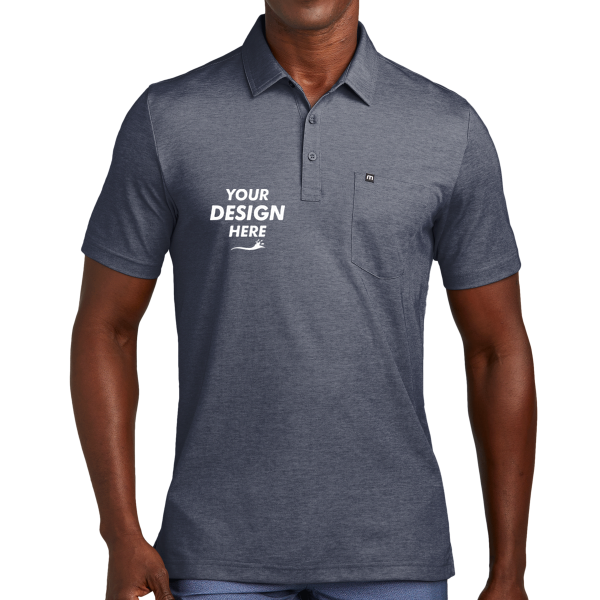 Travis Mathew Oceanside Heather Pocket Polo, Blue Nights Heather, Front view, Mockup