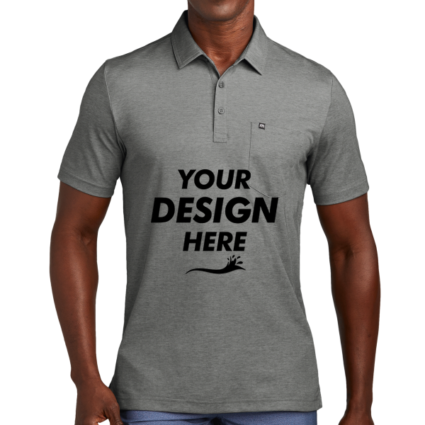 Travis Mathew Oceanside Heather Pocket Polo, Quiet Shade Grey Heather, Front view, Mockup