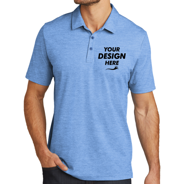 Travis Mathew Oceanside Heather Polo, Classic Blue Heather / Classic Blue Heather, Front view, Mockup