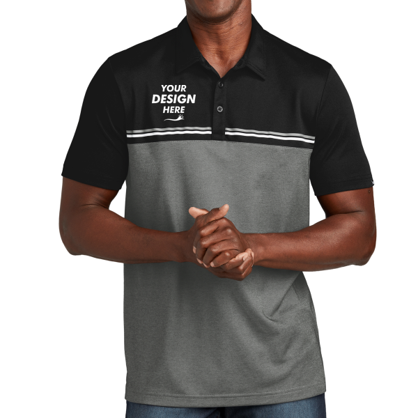 Travis Mathew Sunset Blocked Polo, Black / Dark Grey Heather, Front view, Mockup
