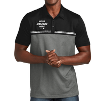 Travis Mathew Sunset Blocked Polo, Black / Dark Grey Heather, Front view, Mockup