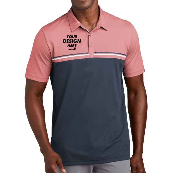 Travis Mathew Sunset Blocked Polo, Cardinal Heather / Blue Nights, Front view, Mockup