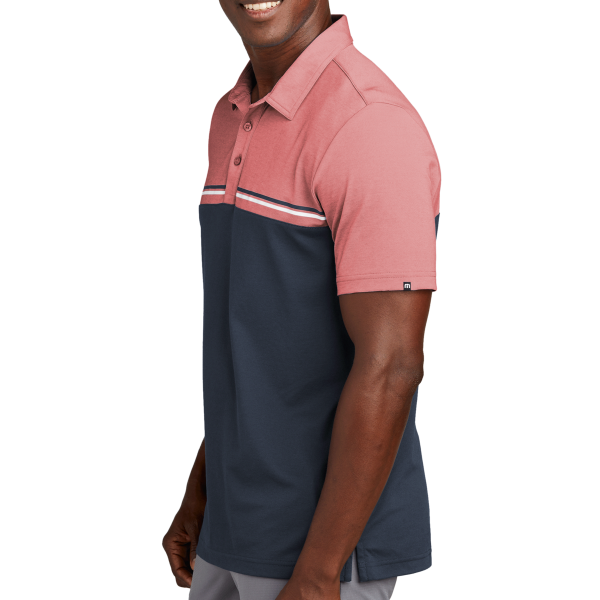 Travis Mathew Sunset Blocked Polo, Cardinal Heather / Blue Nights, Left Sleeve view