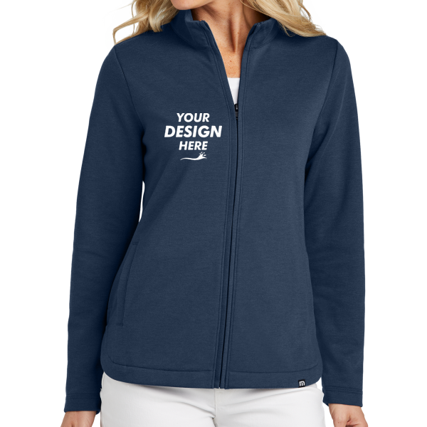 Travis Mathew Women's Coveside Full Zip, Blue Nights, Front view, Mockup