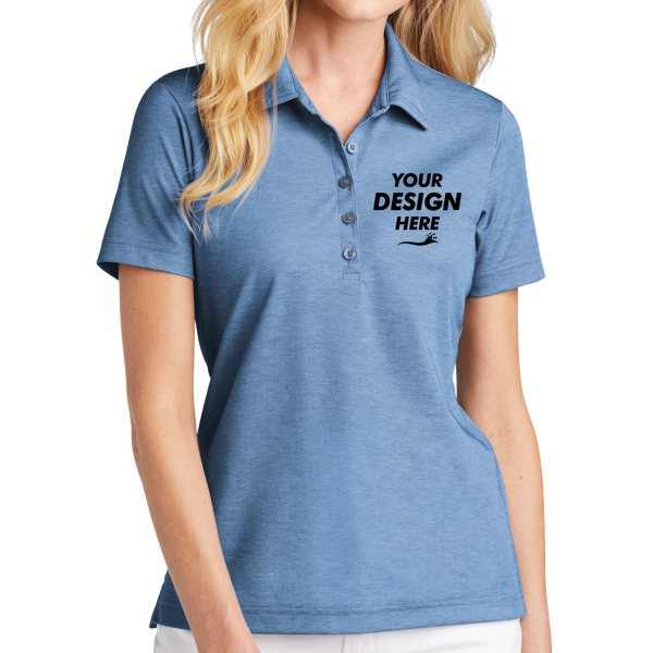 Travis Mathew Women's Oceanside Heather Polo, Classic Blue Heather, Front view, Mockup