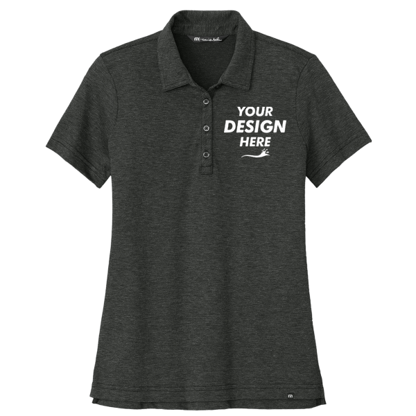 Travis Mathew Women's Sunnyvale Polo, Black Heather, Front view, Mockup