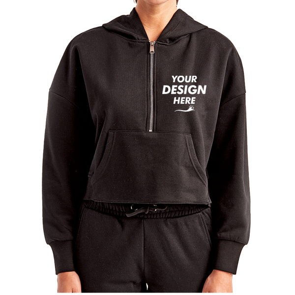 TriDri Women's Alice Half-Zip Hooded Sweatshirt, Black, Front view, Mockup