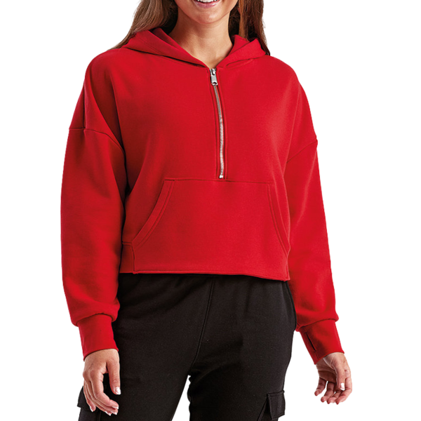 TriDri Women's Alice Half-Zip Hooded Sweatshirt, Fire Red, Front view