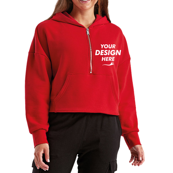 TriDri Women's Alice Half-Zip Hooded Sweatshirt, Fire Red, Front view, Mockup