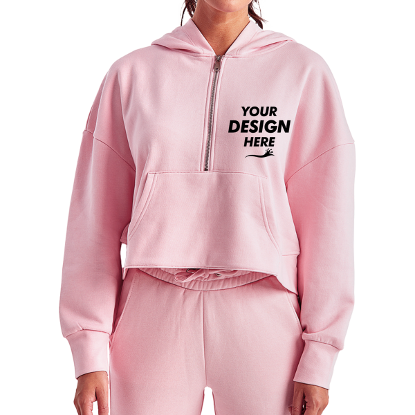 TriDri Women's Alice Half-Zip Hooded Sweatshirt, Light Pink, Front view, Mockup