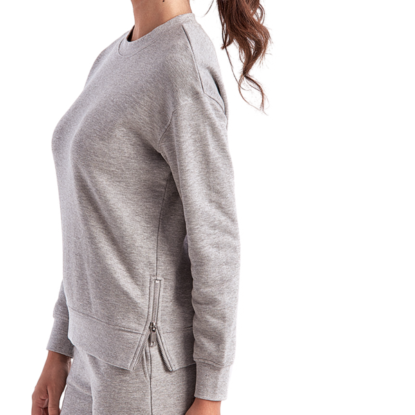 TriDri Women's Billie Side-Zip Crewneck Sweatshirt, Heather Grey, Left Sleeve view