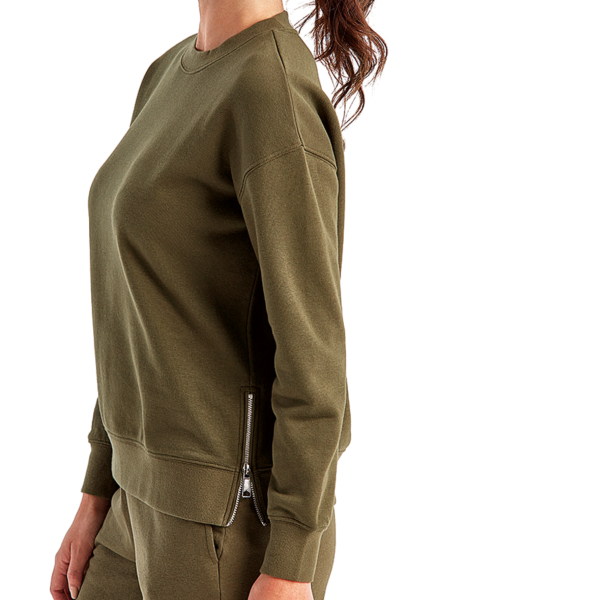TriDri Women's Billie Side-Zip Crewneck Sweatshirt, Olive, Left Sleeve view
