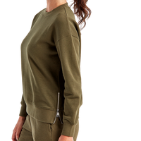 TriDri Women's Billie Side-Zip Crewneck Sweatshirt, Olive, Left Sleeve view