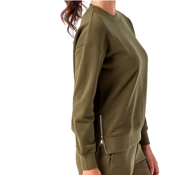 TriDri Women's Billie Side-Zip Crewneck Sweatshirt, Olive, Right Sleeve view