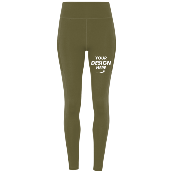 TriDri Women's Mesh Pocket Danica Leggings, Olive, Front view, Mockup