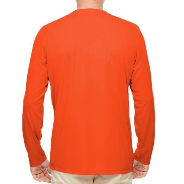 UltraClub Men's Cool & Dry Sport Performance Long Sleeve T-Shirt, Bright Orange, Back view