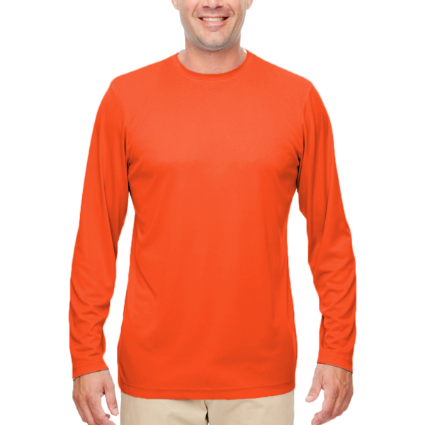 UltraClub Men's Cool & Dry Sport Performance Long Sleeve T-Shirt, Bright Orange, Front view