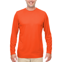 UltraClub Men's Cool & Dry Sport Performance Long Sleeve T-Shirt, Bright Orange, Front view