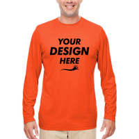 UltraClub Men's Cool & Dry Sport Performance Long Sleeve T-Shirt, Bright Orange, Front view, Mockup